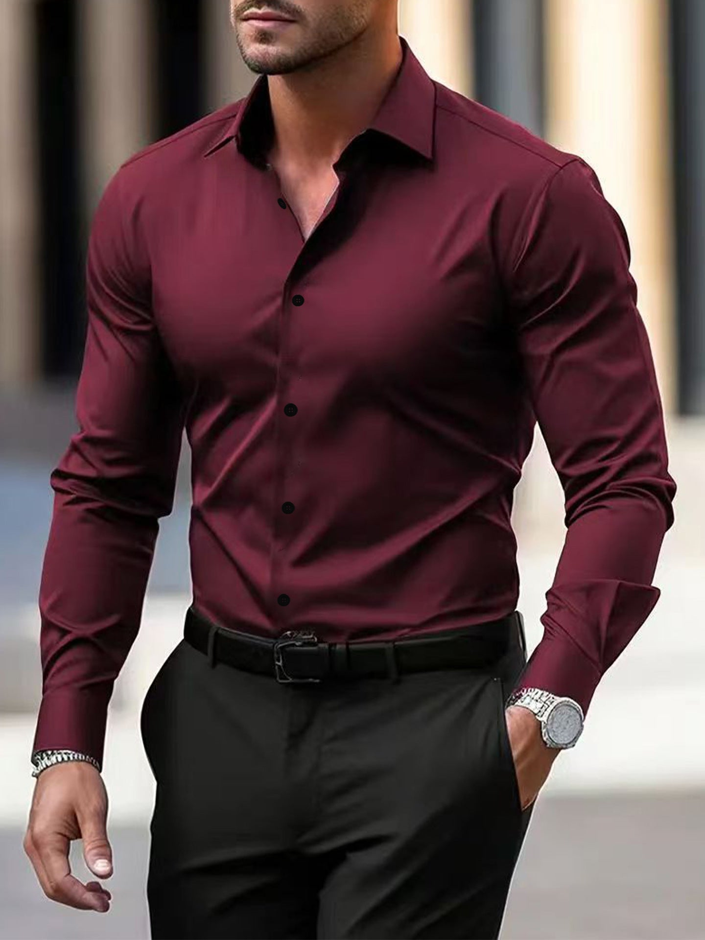 Men’s Summer Long Sleeve Button-Down Shirt | Casual Solid Color Lapel Top for Business or Vacation - Found Essence