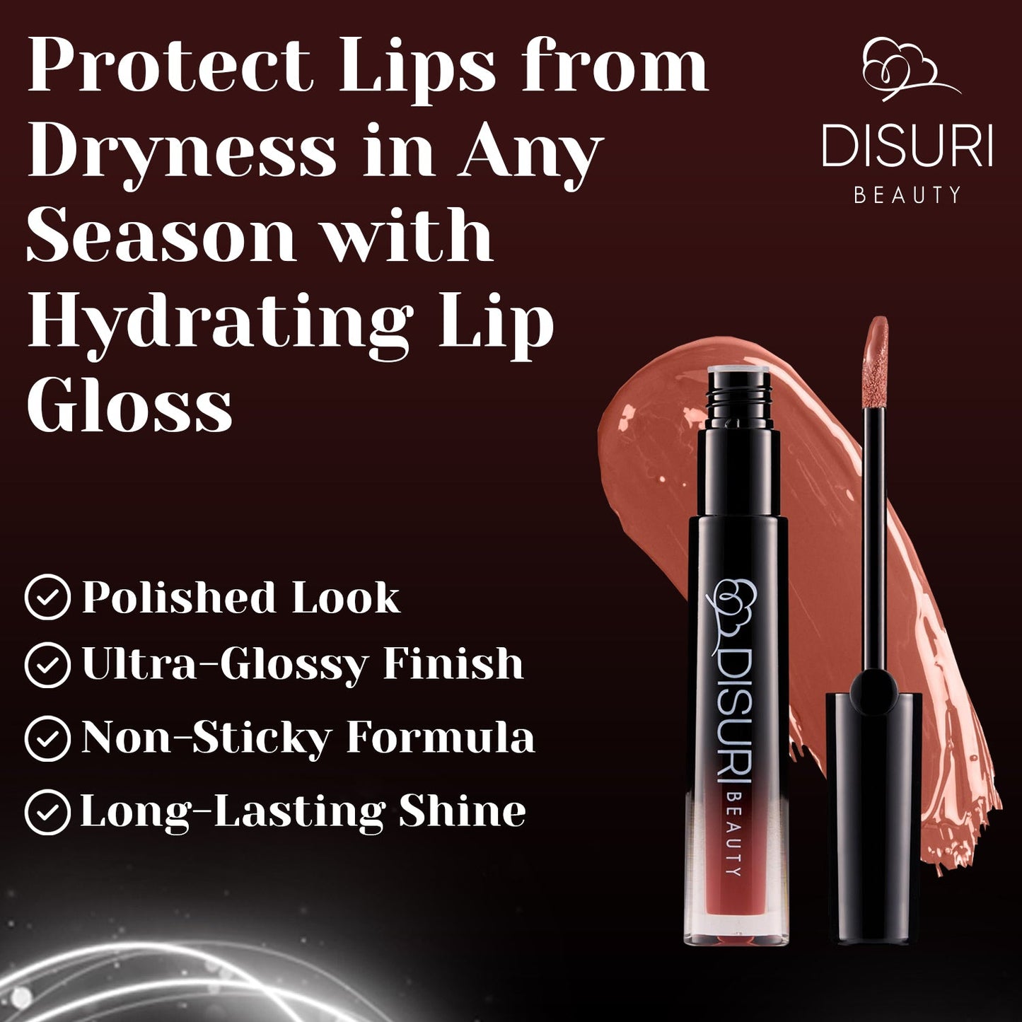 DISURI Glossy Blast Lip Gloss — Hot Cocoa (Vegan • High Shine • Non‑Sticky)
