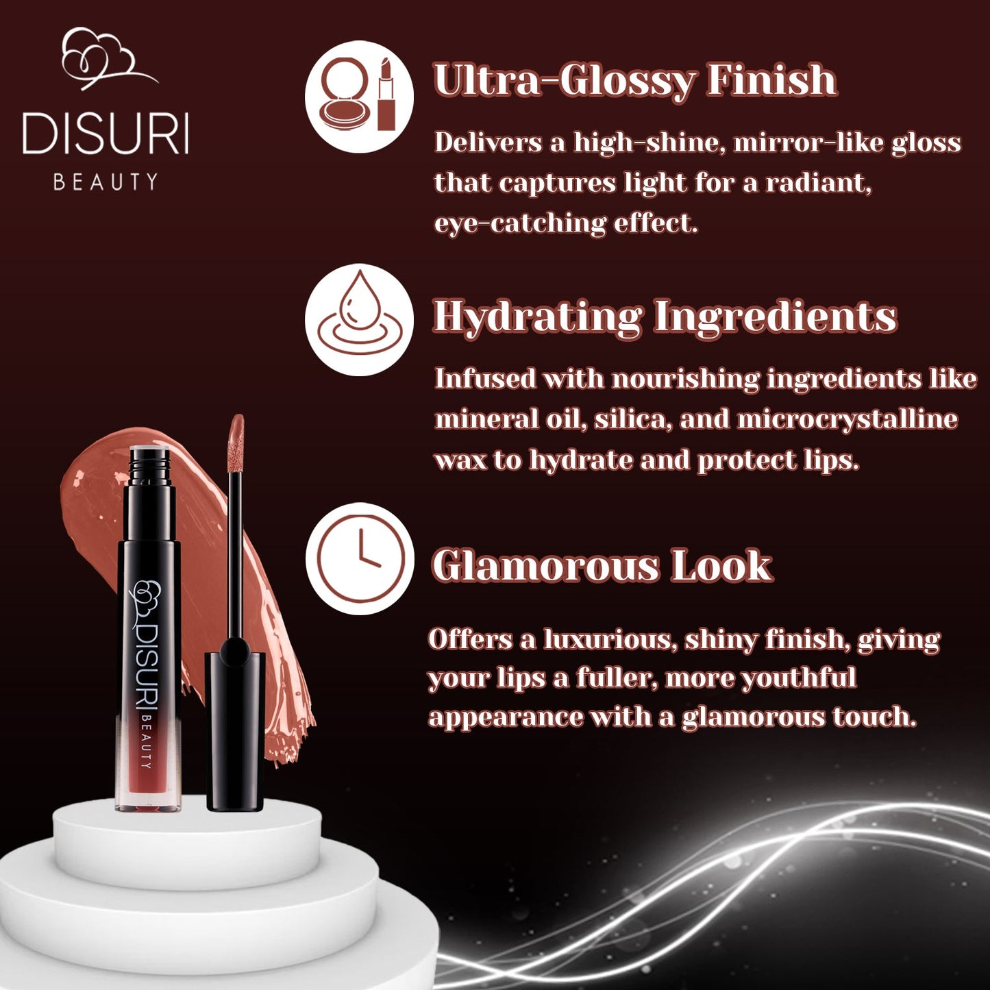 DISURI Glossy Blast Lip Gloss — Hot Cocoa (Vegan • High Shine • Non‑Sticky)