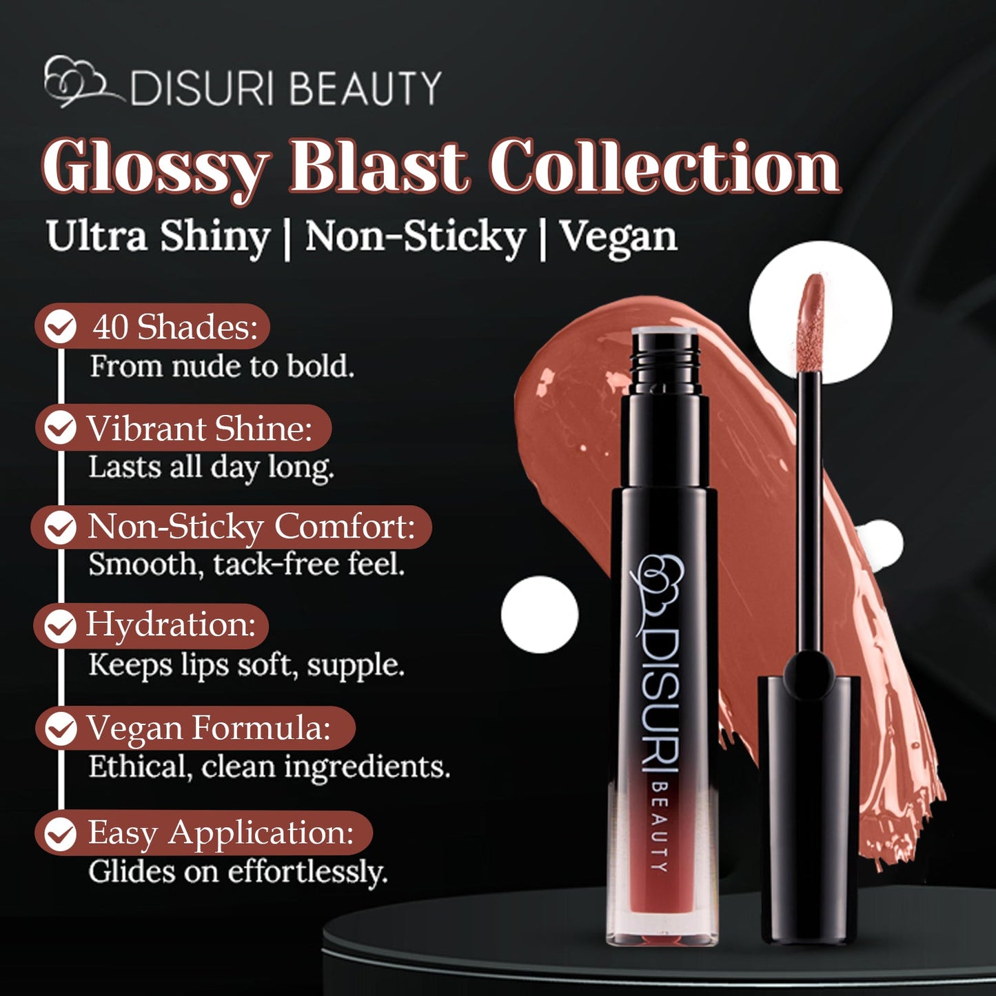 DISURI Glossy Blast Lip Gloss — Hot Cocoa (Vegan • High Shine • Non‑Sticky)