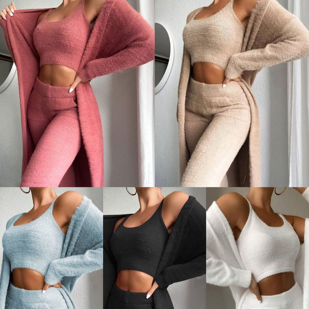 Women’s 3-Piece Knitted Loungewear Set – Plush V-Neck Crop Top, Cardigan & Trousers - Found Essence 