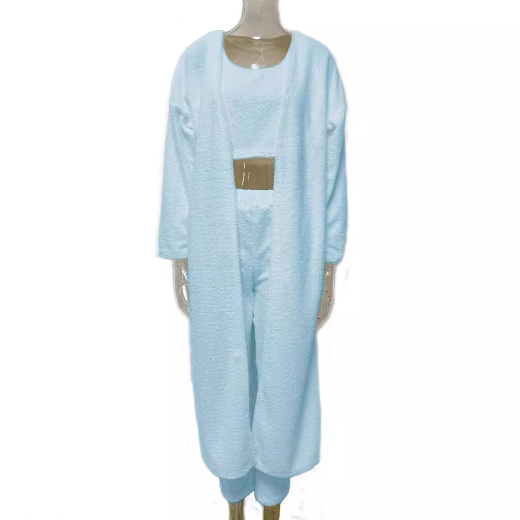 Women’s 3-Piece Knitted Loungewear Set – Plush V-Neck Crop Top, Cardigan & Trousers - Found Essence 