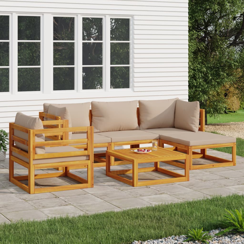6 Piece Patio Lounge Set with Taupe Cushions Solid Wood - Found Essence 