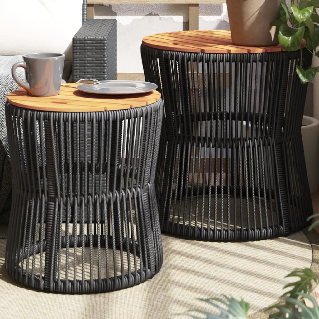 Patio Side Tables 2 pcs with Wooden Top Black Poly Rattan - Found Essence 