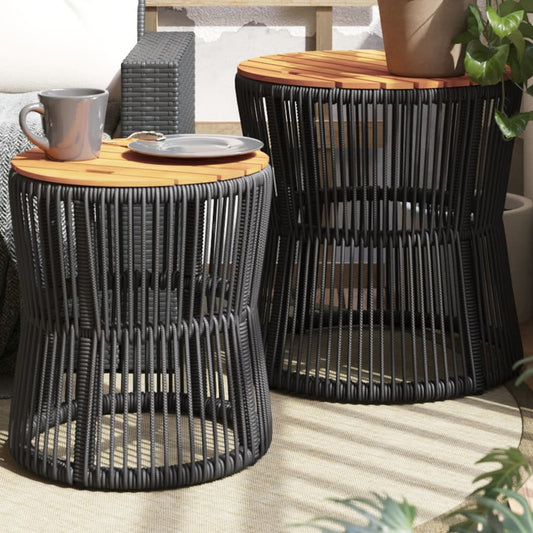 Patio Side Tables 2 pcs with Wooden Top Black Poly Rattan - Found Essence 
