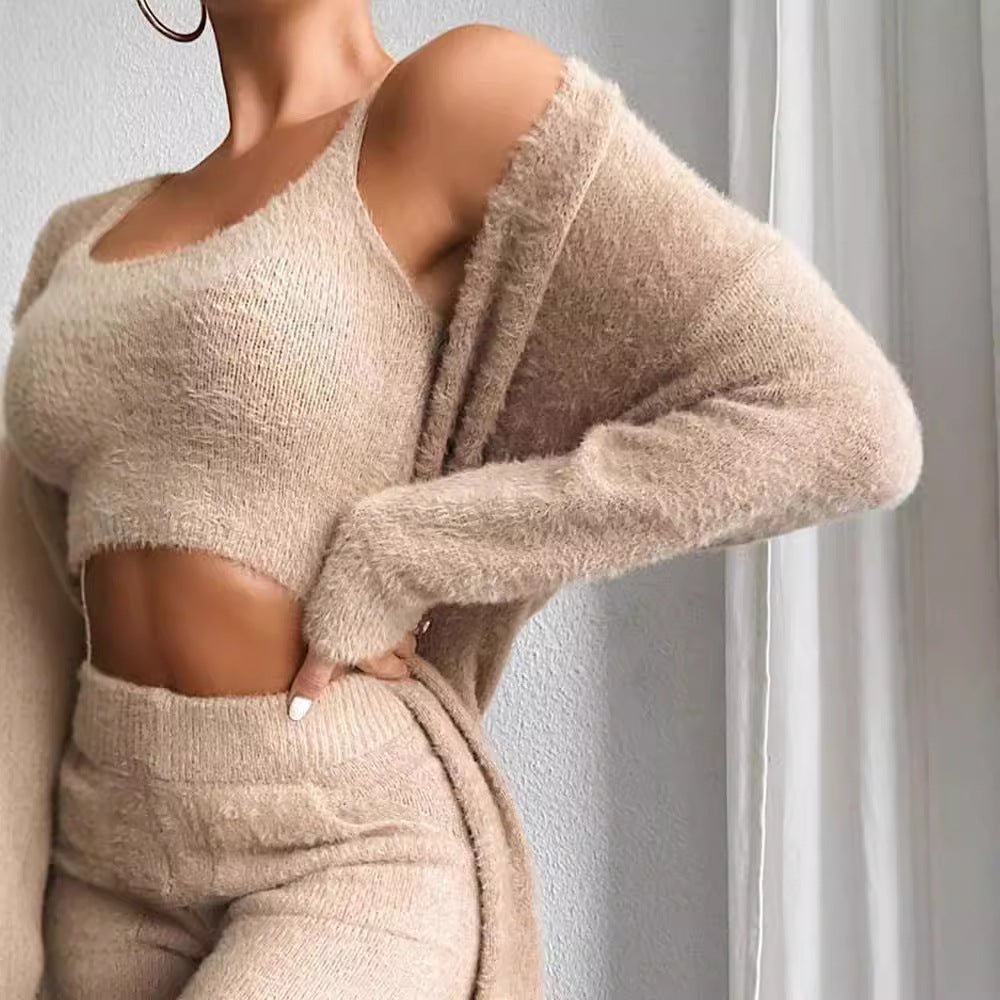 Women’s 3-Piece Knitted Loungewear Set – Plush V-Neck Crop Top, Cardigan & Trousers - Found Essence 