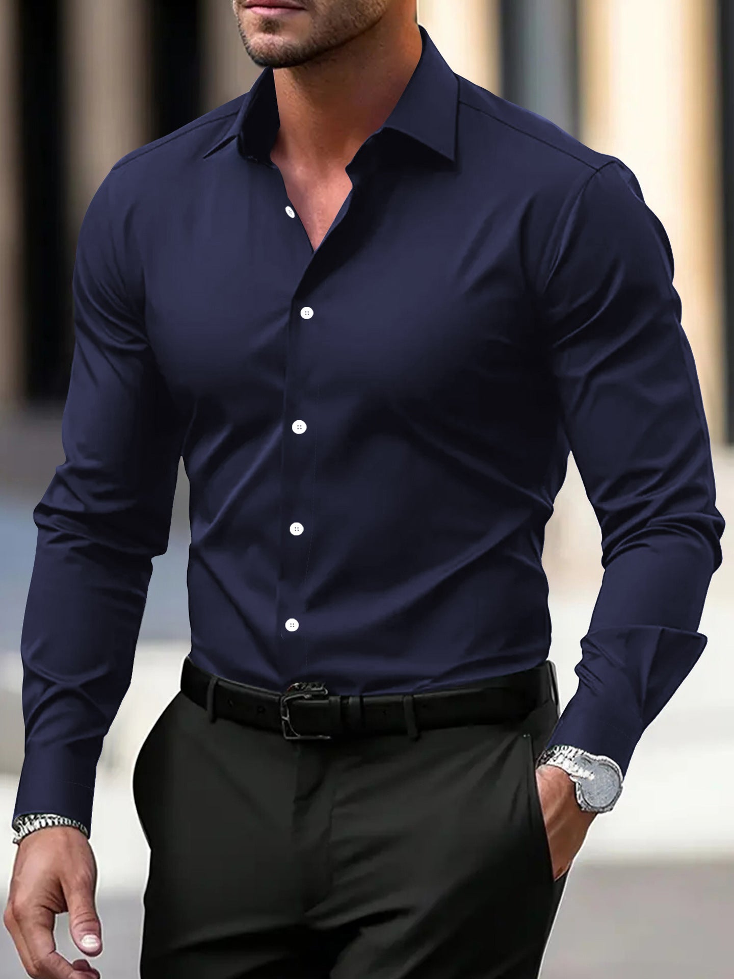 Men’s Summer Long Sleeve Button-Down Shirt | Casual Solid Color Lapel Top for Business or Vacation - Found Essence 