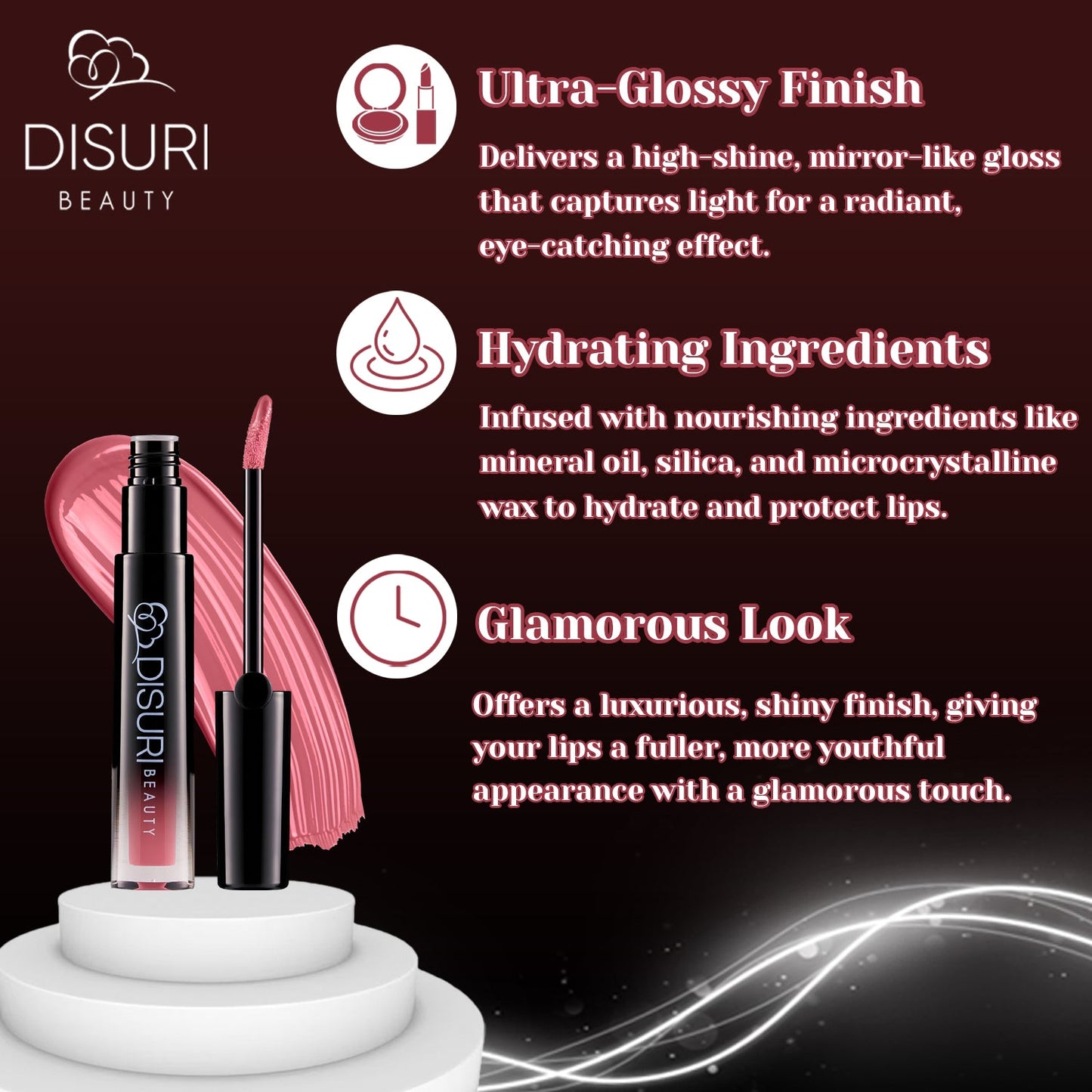 DISURI Glossy Blast Lip Gloss — Pink Berry Pie (Vegan, Non‑Sticky, Ultra Shine)