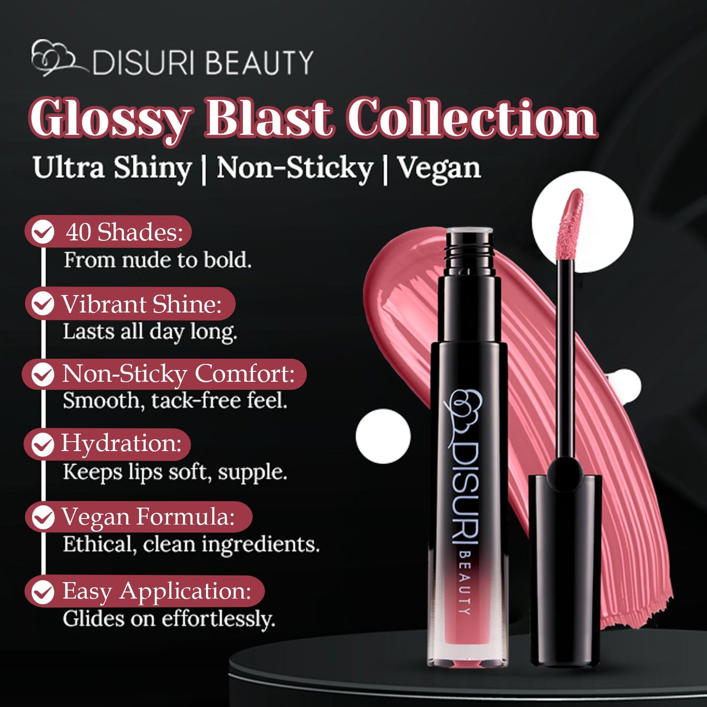 DISURI Glossy Blast Lip Gloss — Pink Berry Pie (Vegan, Non‑Sticky, Ultra Shine)